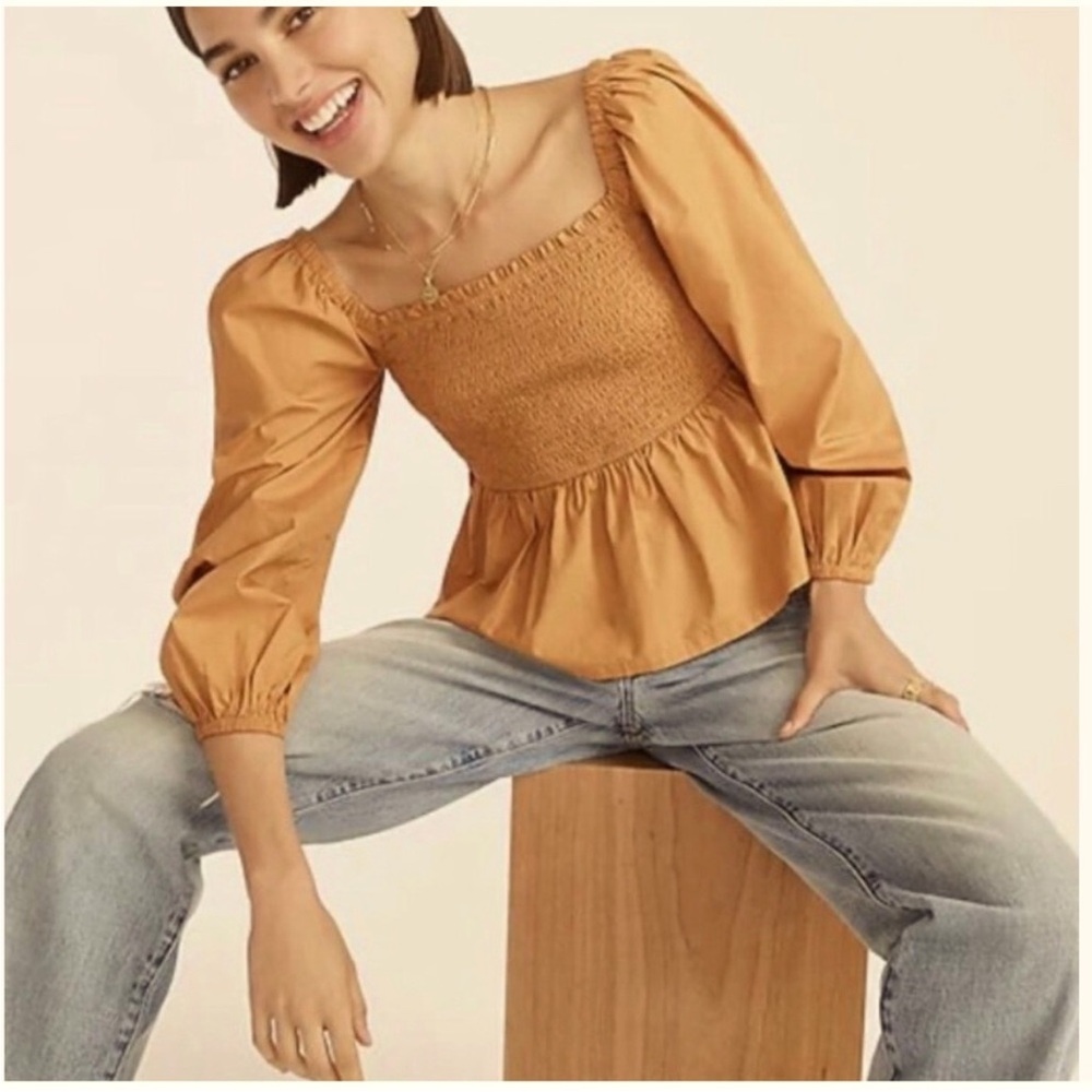 Caramel Peplum Blouse with Puff Sleeves